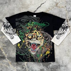 Rare vintage Ed Hardy kids y2k tattoo 3/4 long sleeve tiger black tee 🐯